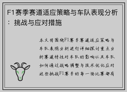 F1赛季赛道适应策略与车队表现分析：挑战与应对措施